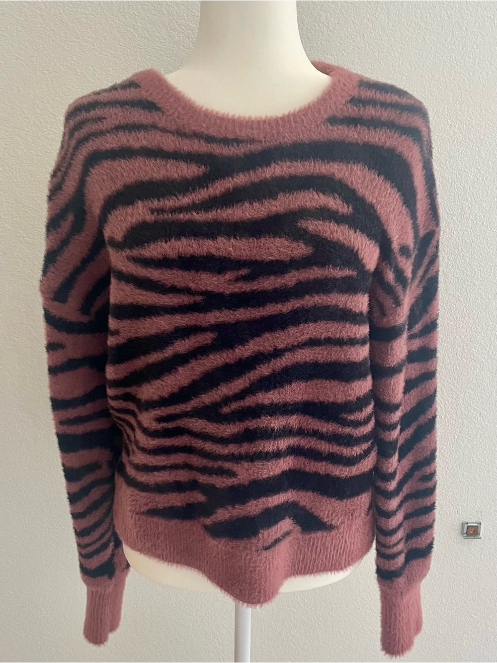 Express Mauve and Black Zebra or Tiger Print Fuzzy Crewneck Sweater